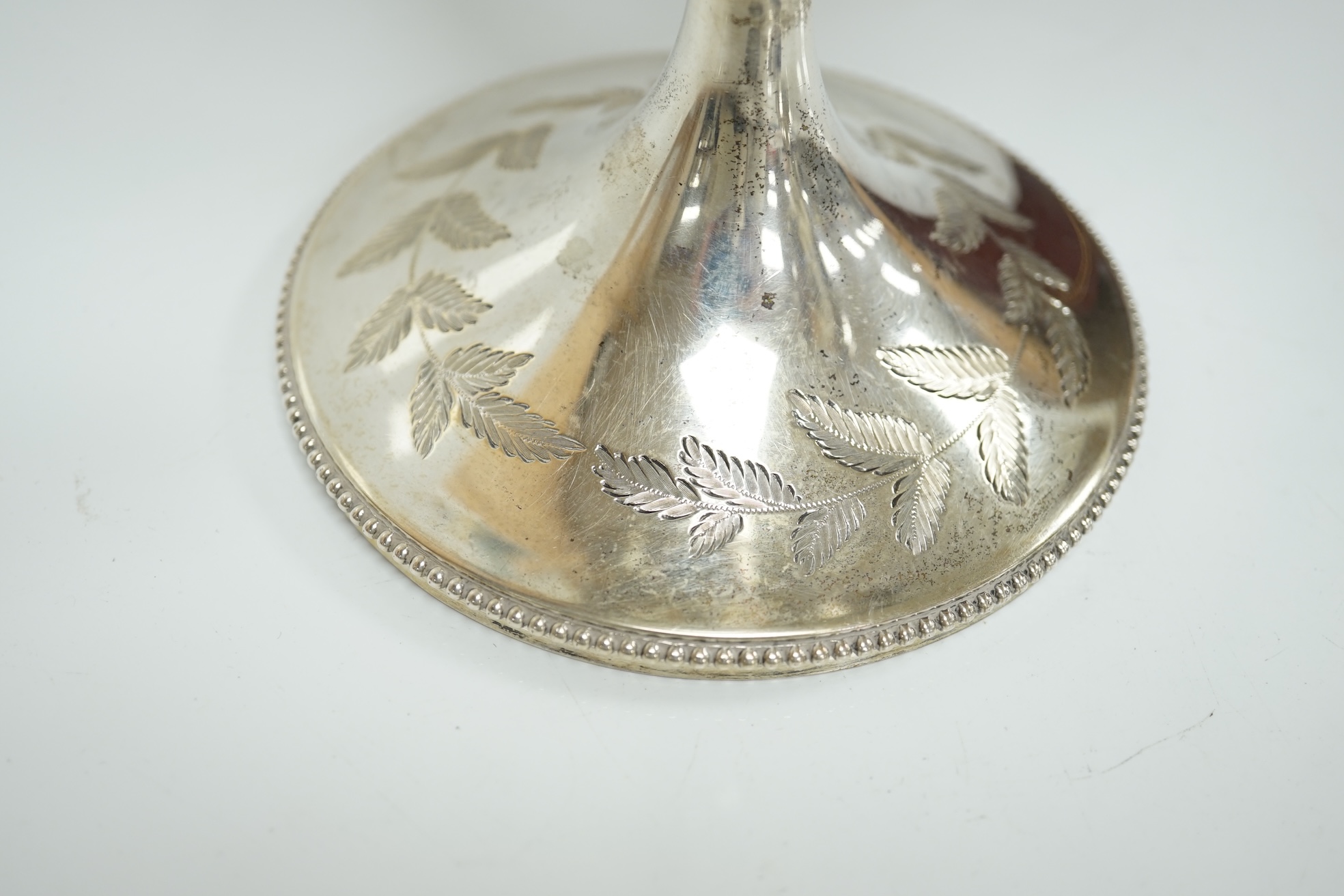 A Victorian engraved silver goblet, by Robert Harper, London 1871, with later engraved Greyhound Racing Association Ltd presentation inscription, 23.1cm, one other damaged silver trophy cup and two modern silver wine lab